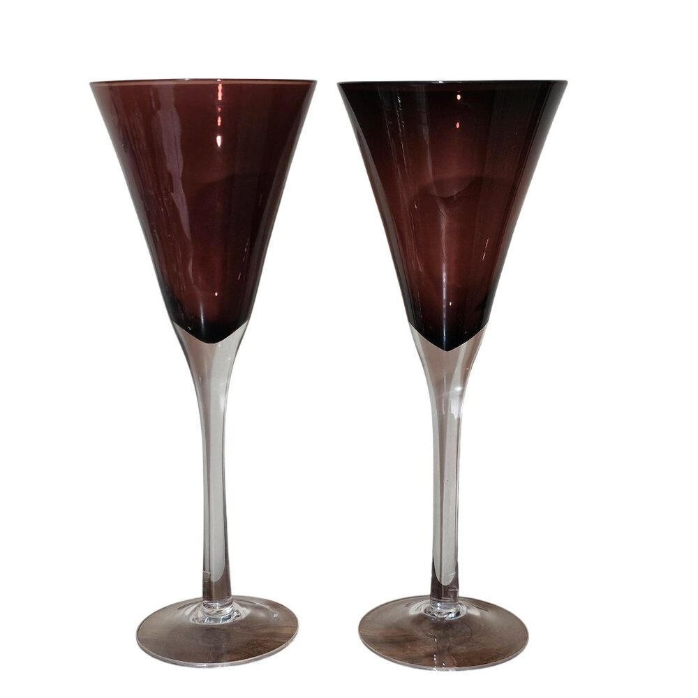 2 Pottery Barn Burgundy Wine Goblet 9" Blown Glass Clear Stem vtg tulip style